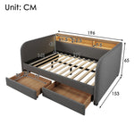 Upholstered Daybed with LED, USB-C and 2 Drawers, 140x190cm, Grey Linen