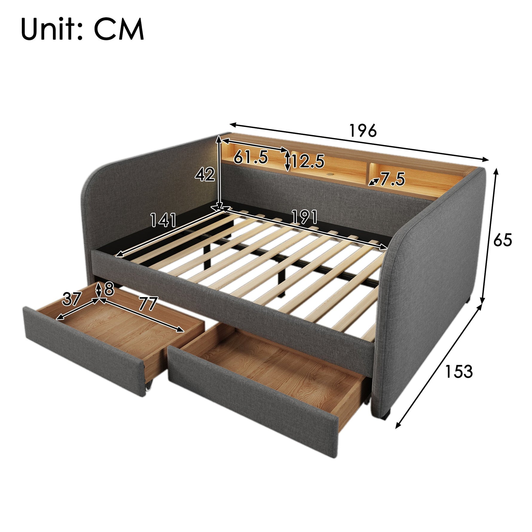 Upholstered Daybed with LED, USB-C and 2 Drawers, 140x190cm, Grey Linen