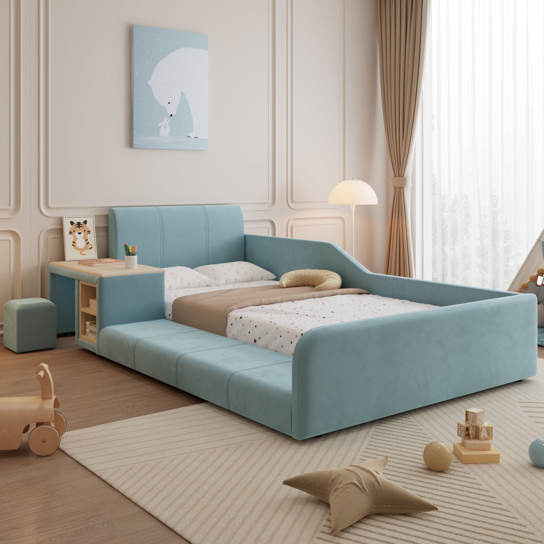 Upholstered Single Bed, Desk Stool Storage Headboard 90x200cm, Blue Velvet
