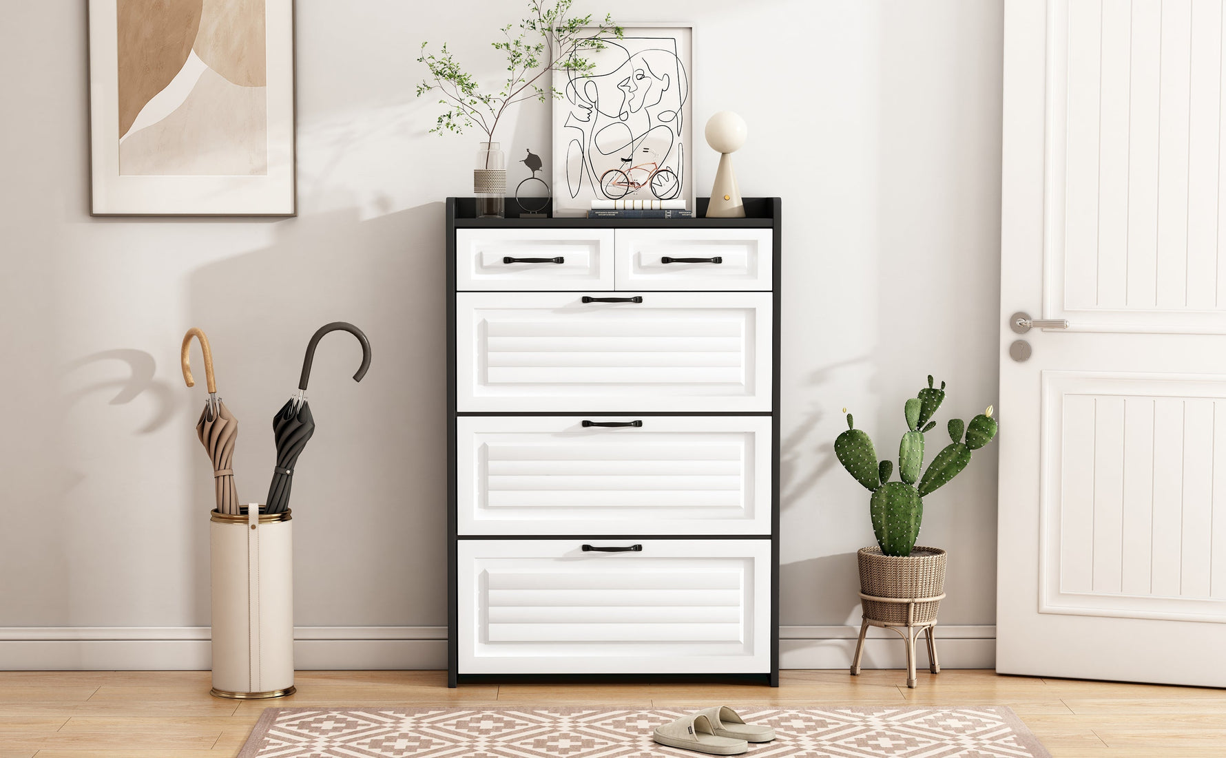 Shoe Cabinet with Rotating Rack 3 Doors 2 Drawers W80cm Wooden