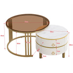 Coffee Table, 2-in-1 Round MDF & Tempered Glass with 2 Drawers, White & Brown