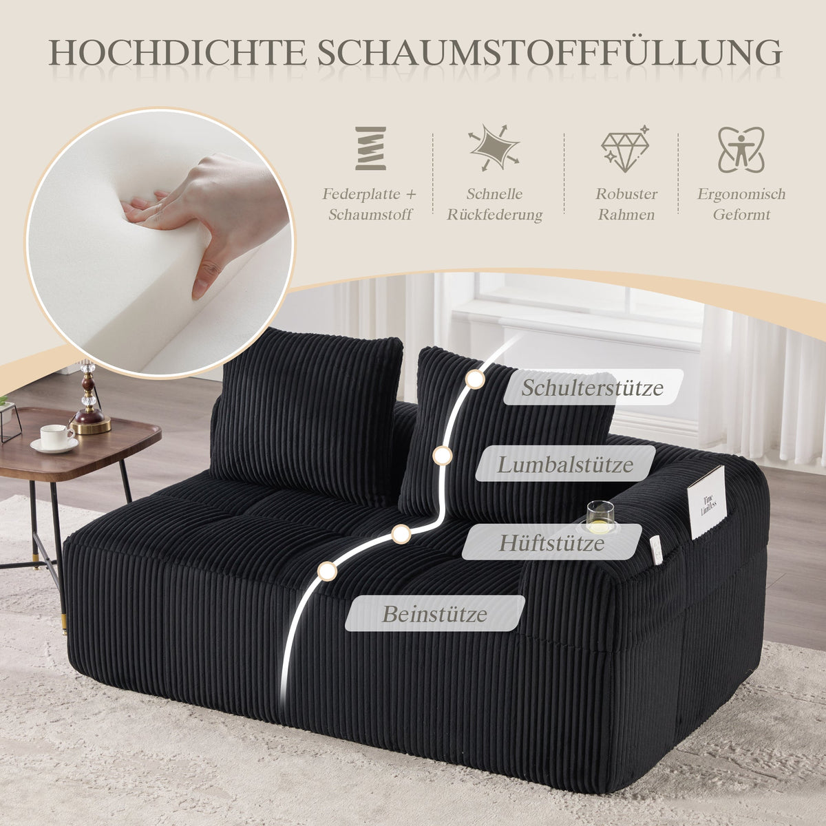 Two-Seater Sofa Storage Pocket Drink Holder - Corduroy Fabric