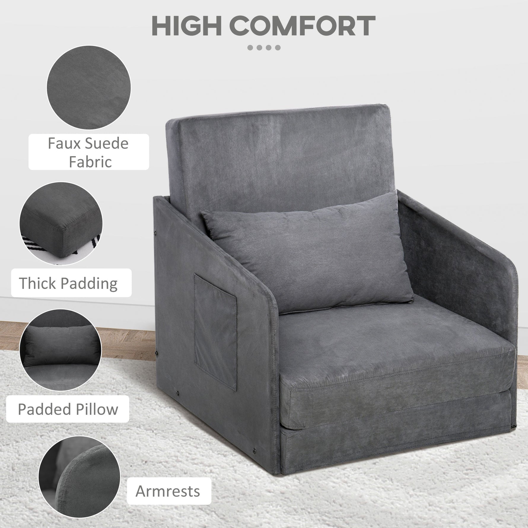 Sofa Bed, Single, Washable Cover, 2 Side Pockets, Metal Frame, Grey