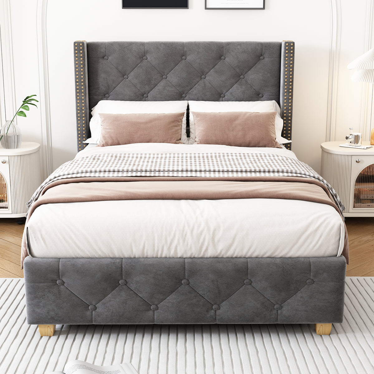 Upholstered Bed 90x200cm with Slatted Frame, Grey Velvet