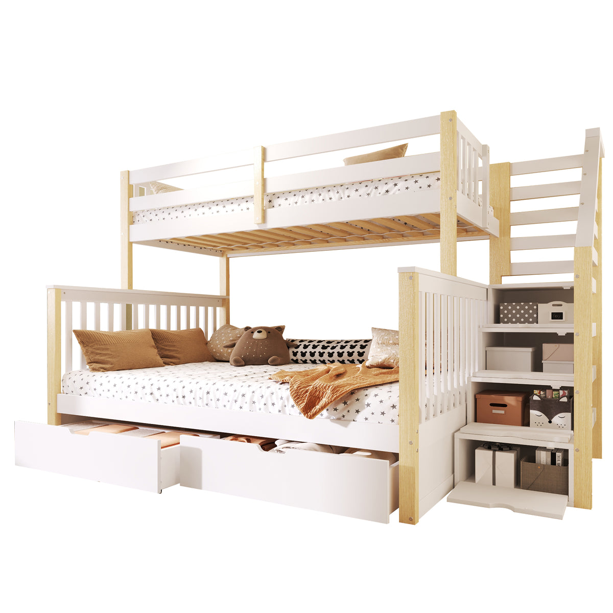 Iron Bunk Bed with Ladder & Storage, 120x200cm, Black Iron & MDF
