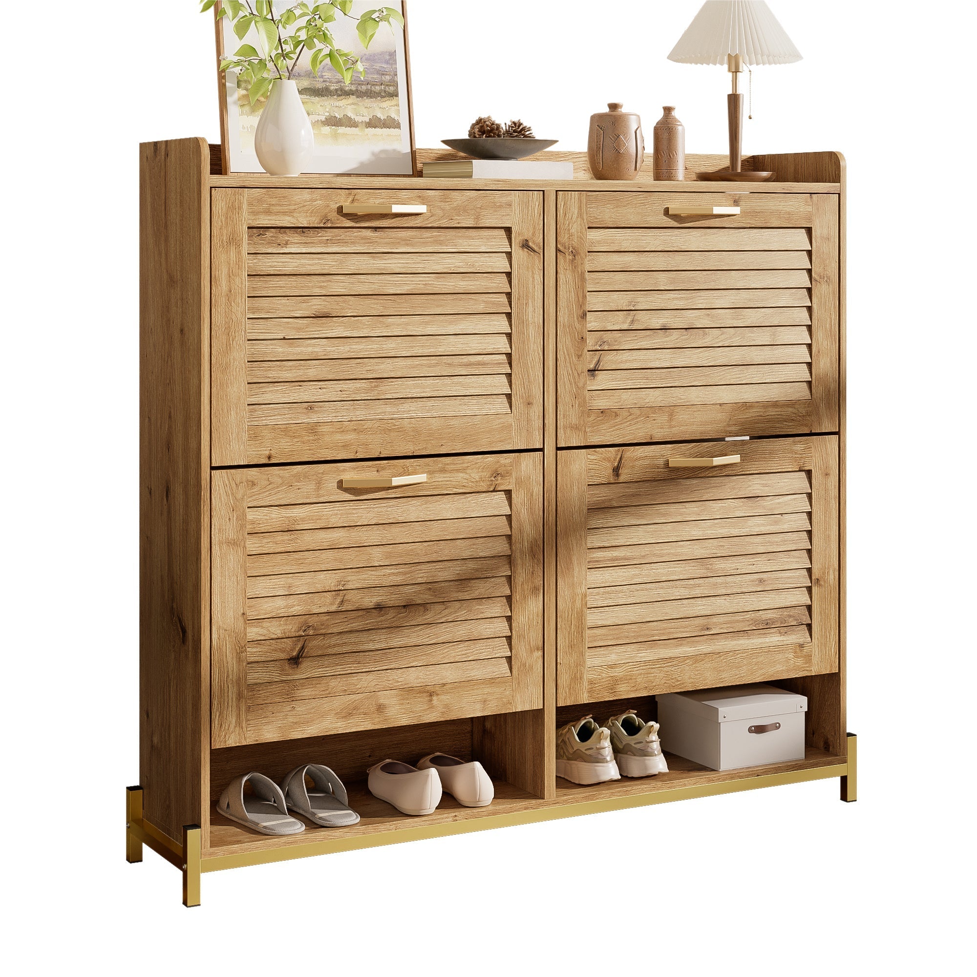 Shoe Cabinet Modern 4 Door Wooden Slat Metal Frame - 108.5x24x100cm
