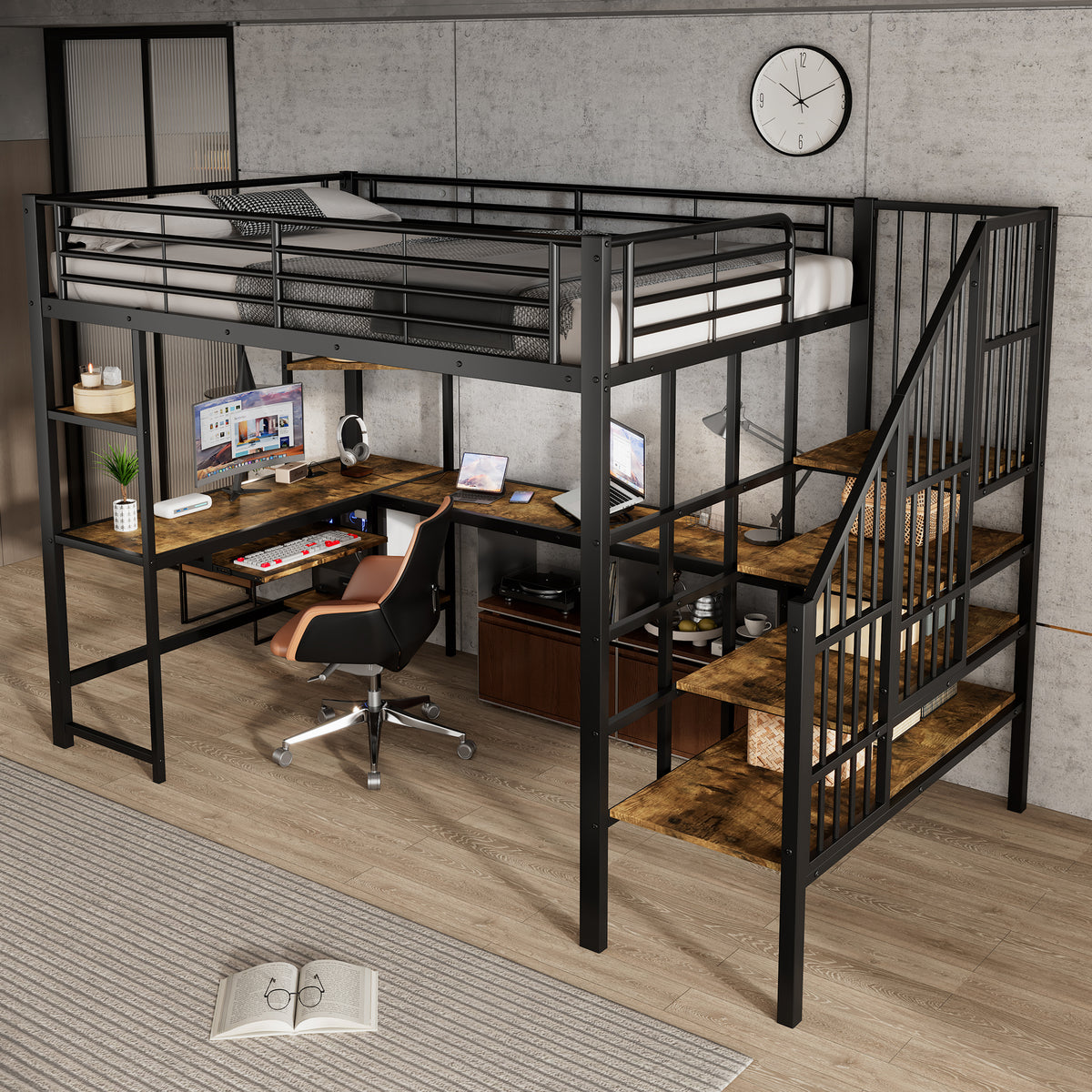 Iron Loft Bed with Desk & Storage, 120x200cm, Black Iron + MDF