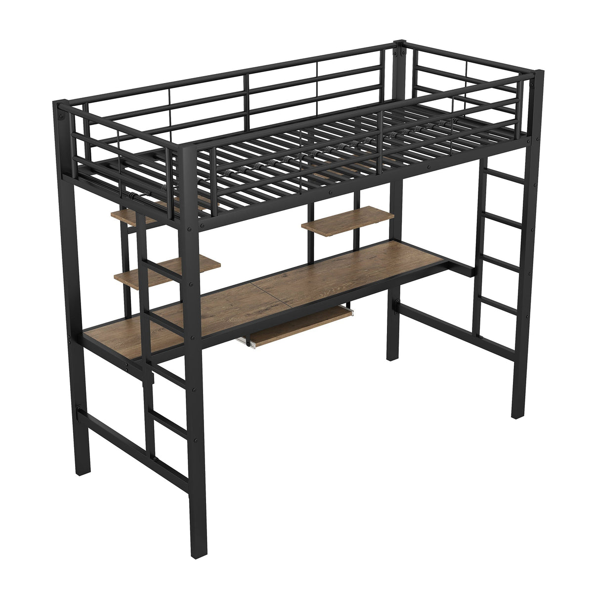 Loft Bed 90x200cm with Desk and 2 Bookshelves - Black Metal