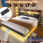 Upholstered Bed 160x200 Floating with LED, Charging Station, Storage Headboard Linen, Grey