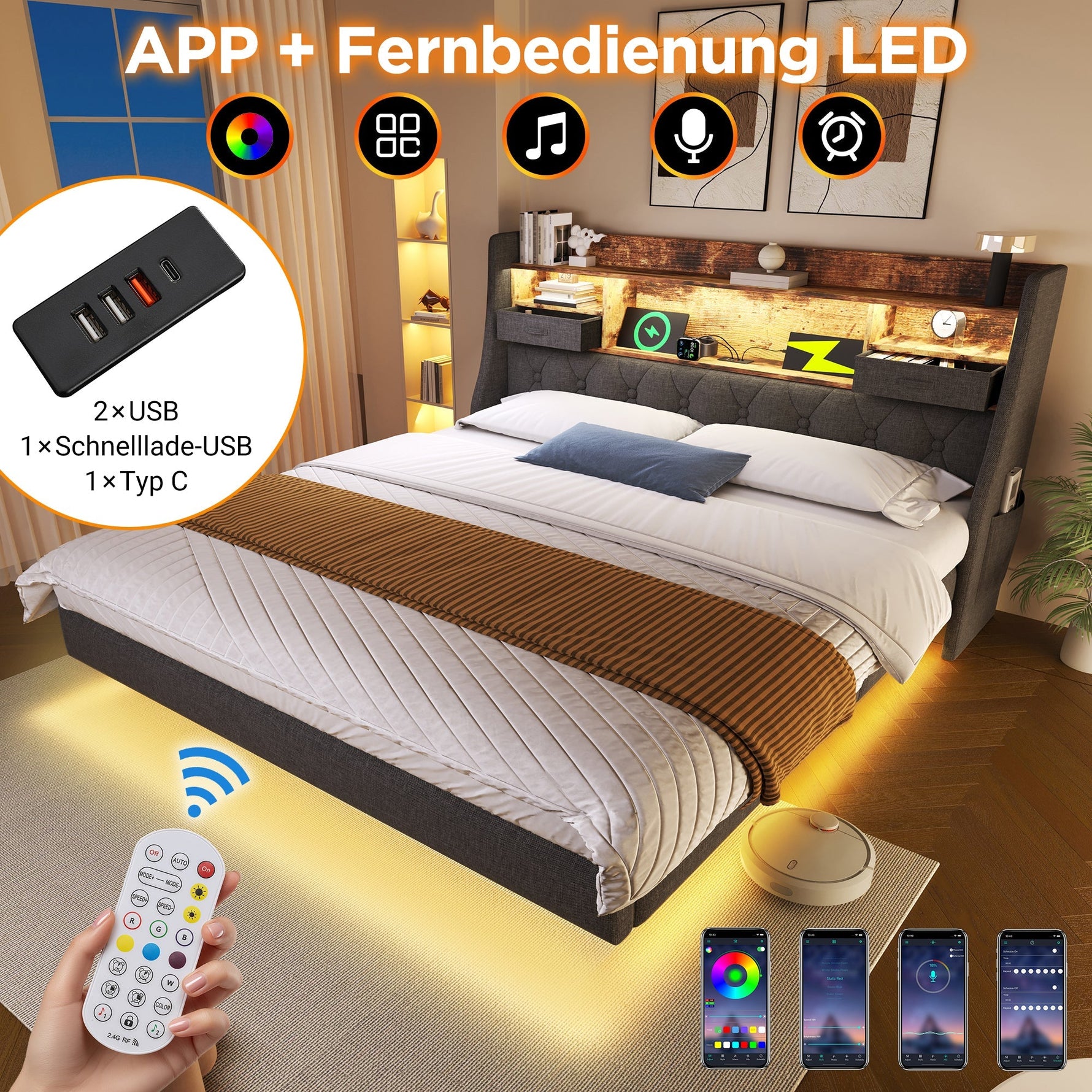 Upholstered Bed 160x200 Floating with LED, Charging Station, Storage Headboard Linen, Grey