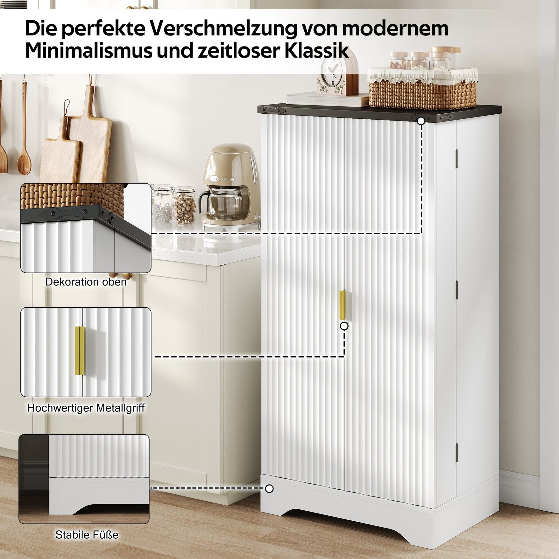 Kitchen Cabinet with LED Light, Spice Rack, Adjustable Shelves, Double Doors - White