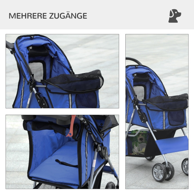 Dog Buggy, Foldable Rain Cover, Bottom Basket, 2 Cup Holders, Blue