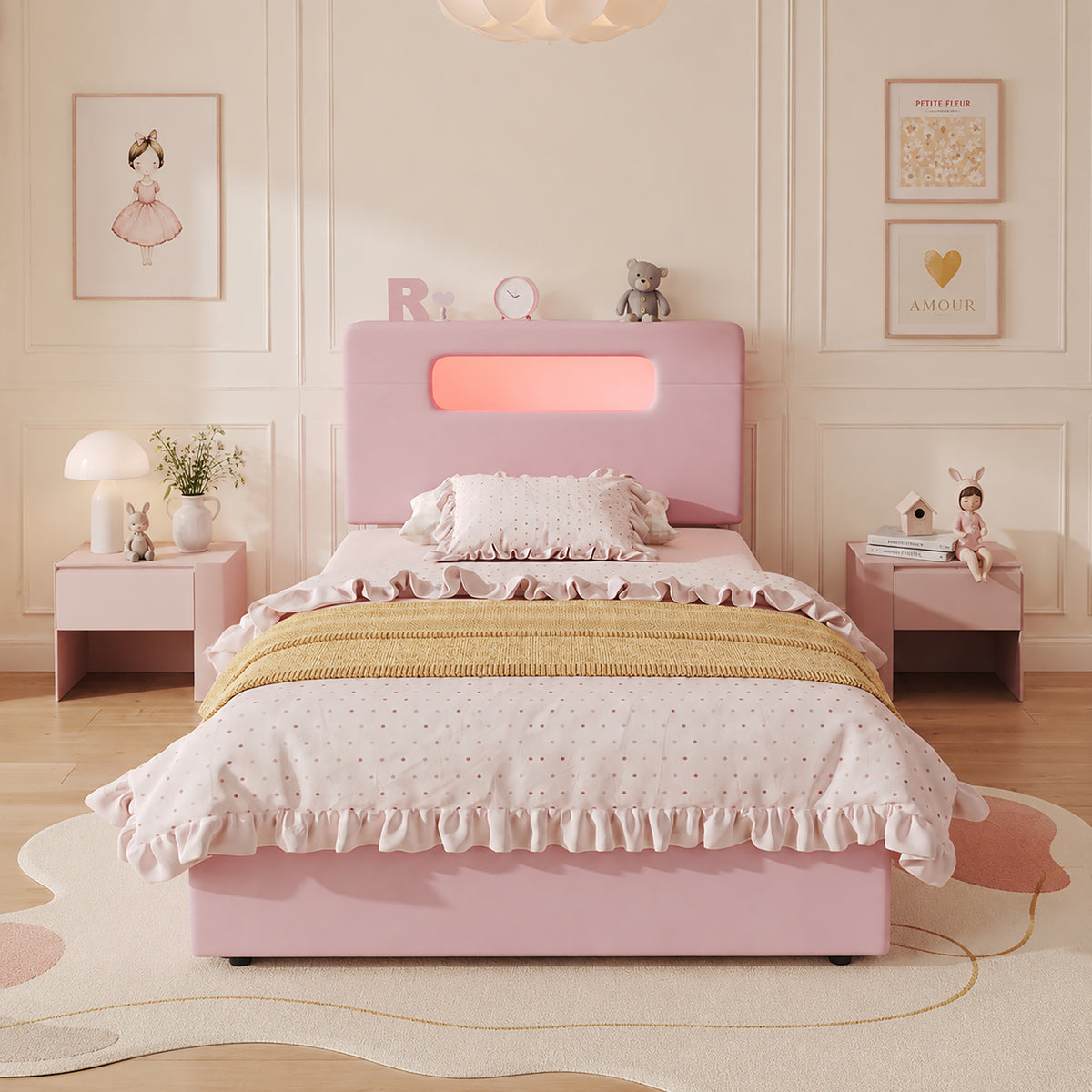Children's Upholstered Bed 90x200cm with 4 Drawers & LED, Pink
