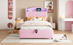 Children's Upholstered Bed, Multifunctional with Storage, LED, USB, Velvet Pink