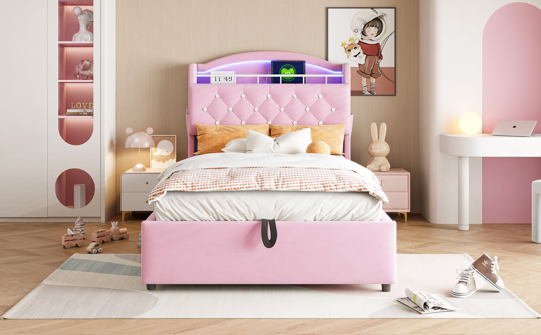 Children's Upholstered Bed, Multifunctional with Storage, LED, USB, Velvet Pink