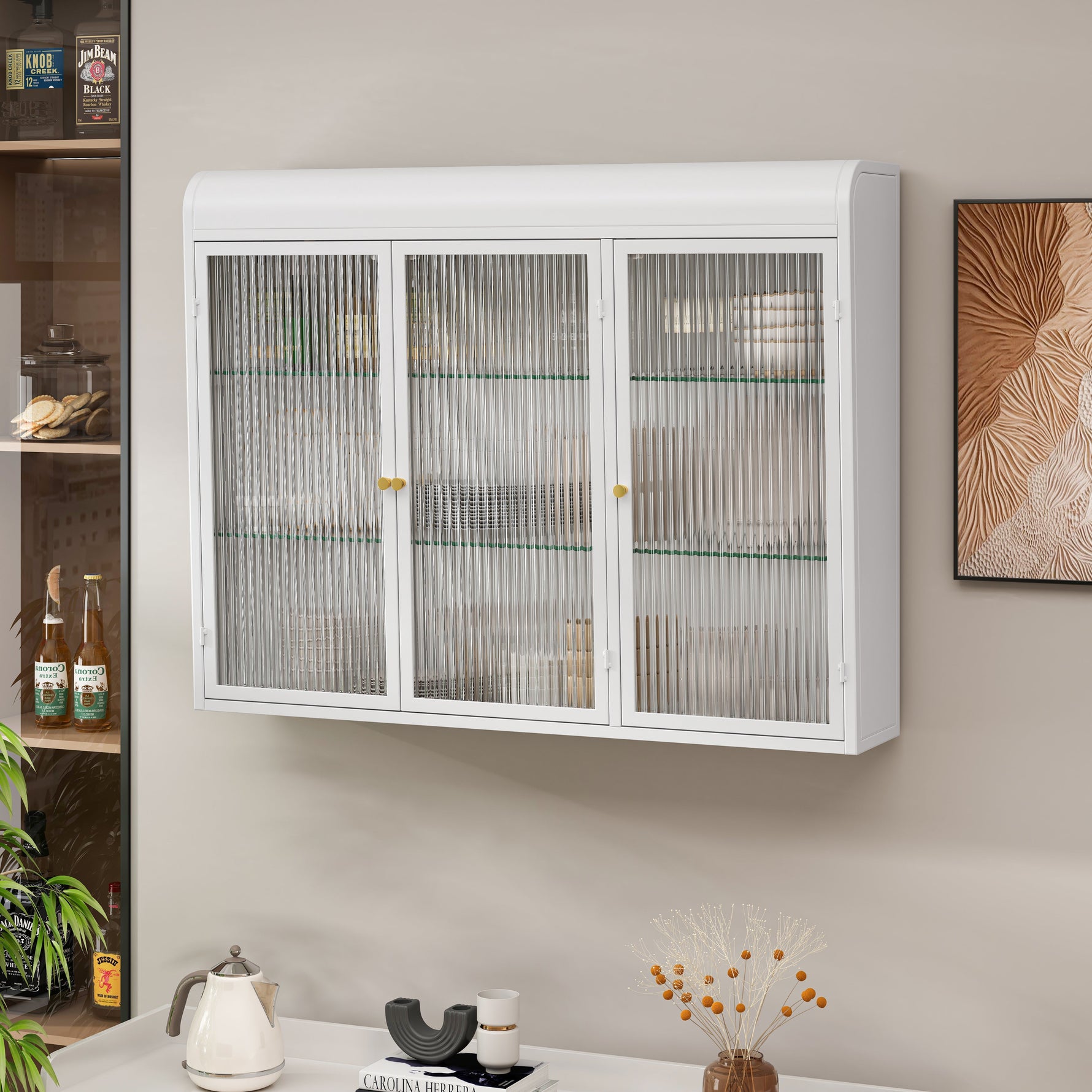 3 Door Arched Wall Mounted Cabinets for Kitchen, Living Room, Bathroom, White Glass