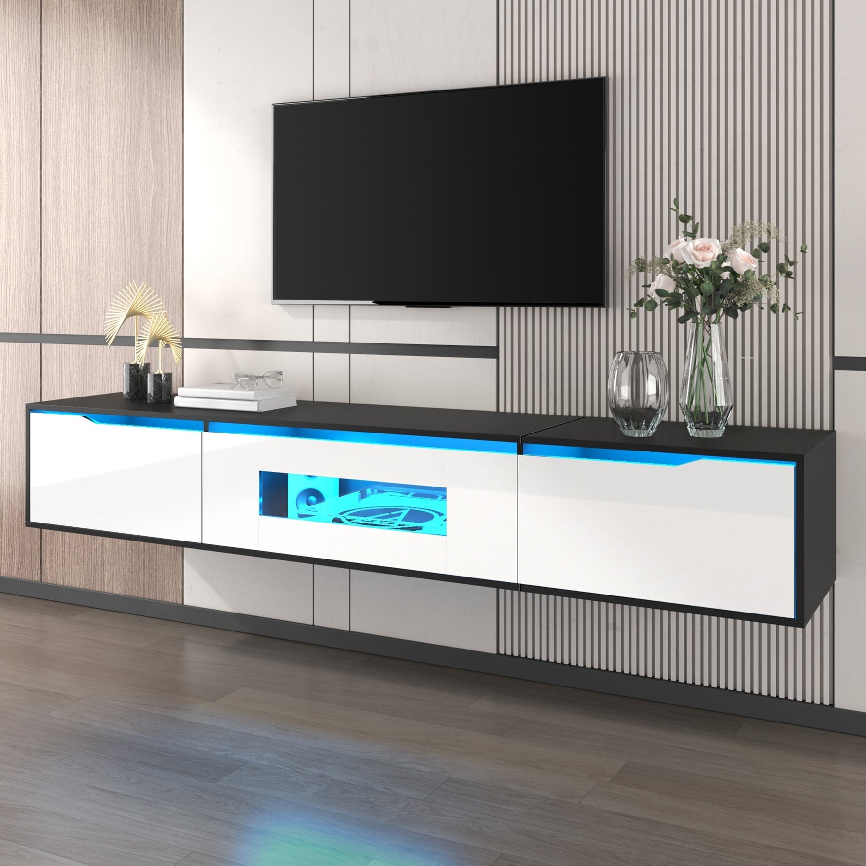TV Cabinet High-Gloss 180cm Wall-Mounted LED USB - Black/White