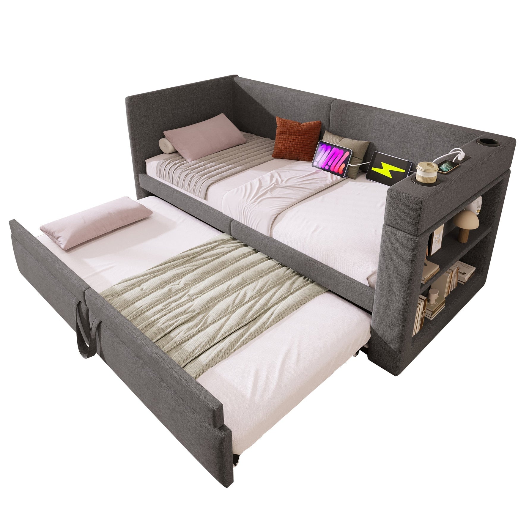 Upholstered Daybed 90x200cm, Single Sofa Bed Pull-Out, USB/Type-C Charging, Linen Blend Fabric Grey