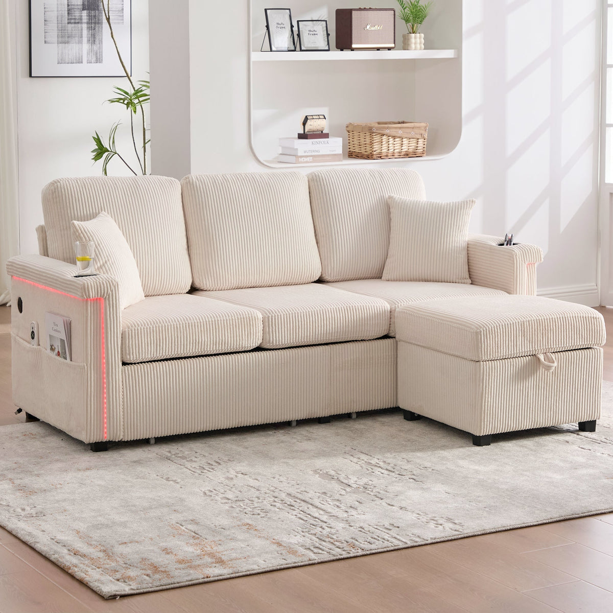 Velvet Sofa, LED USB-C Storage Footrest Cup Holders, Beige