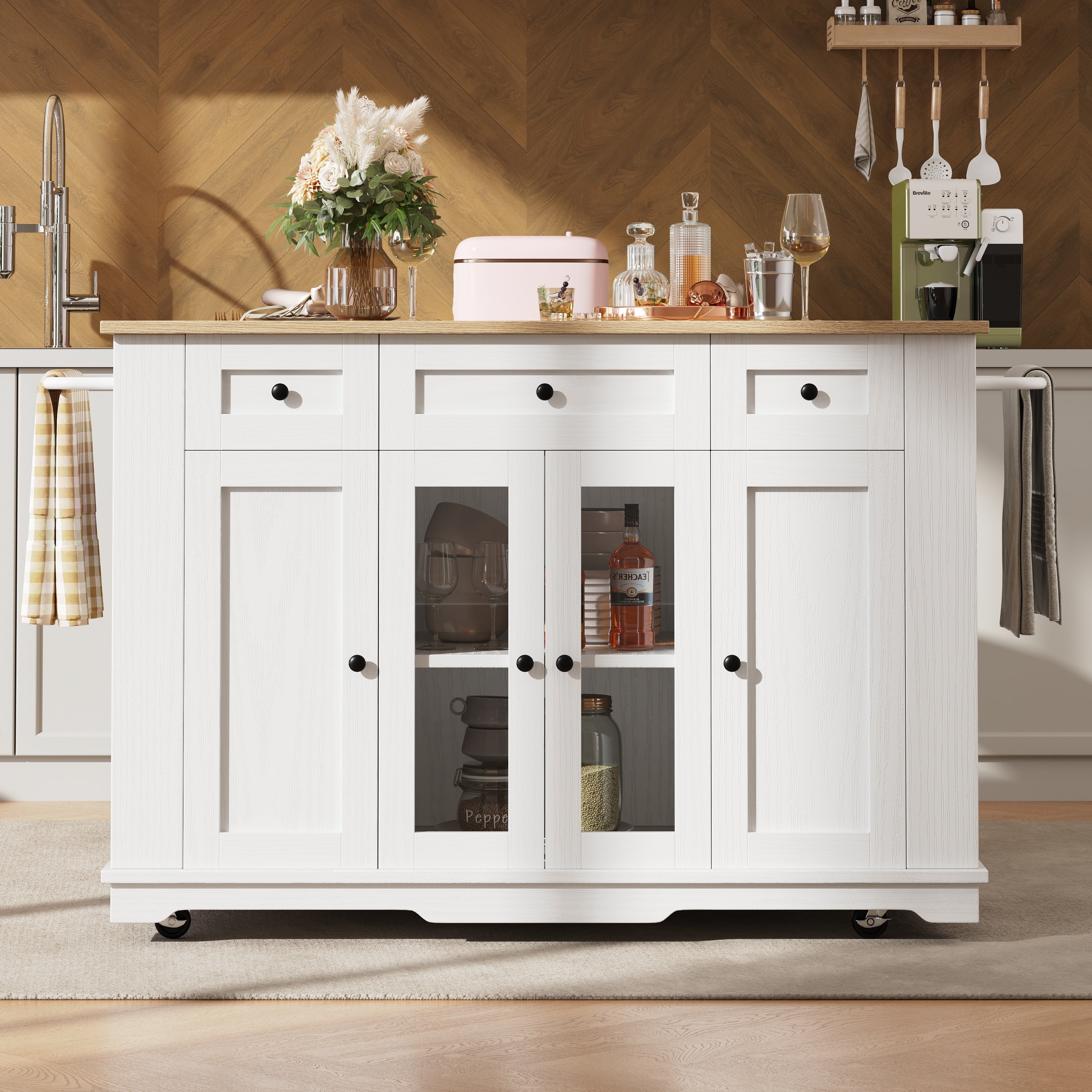 Kitchen Island Cabinet Tempered Glass Worktop Storage - White