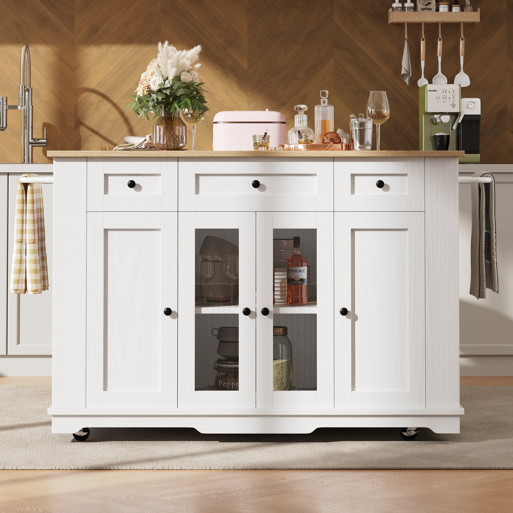 Kitchen Island Cabinet Tempered Glass Worktop Storage - White