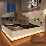 Upholstered Double Bed, Hydraulic Storage, USB-C Charging, LED, White PU