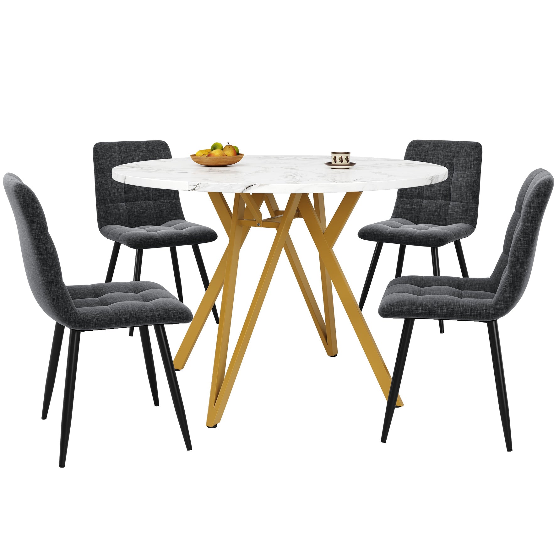 Dining Table Set 5-Piece Round 100cm Gold Metal Legs MDF Marble/Grey