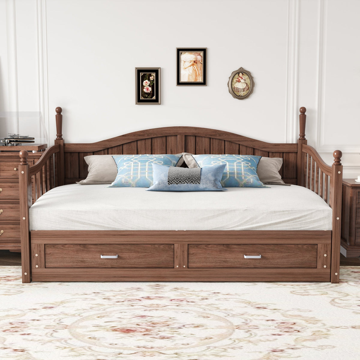 Sofa Bed, Pull-Out 90/180*190cm with Drawers & Slatted Frame, Solid Pinewood Walnut
