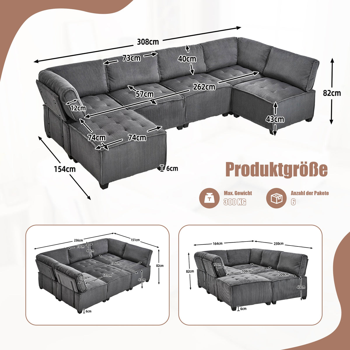 Modular Sofa 6-Seater Convertible U/L-Shape Sleeper Storage Pockets Corduroy Grey