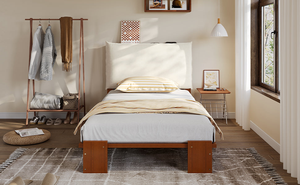 Upholstered Single Bed with Padded Headboard and Slatted Base, Dark Brown