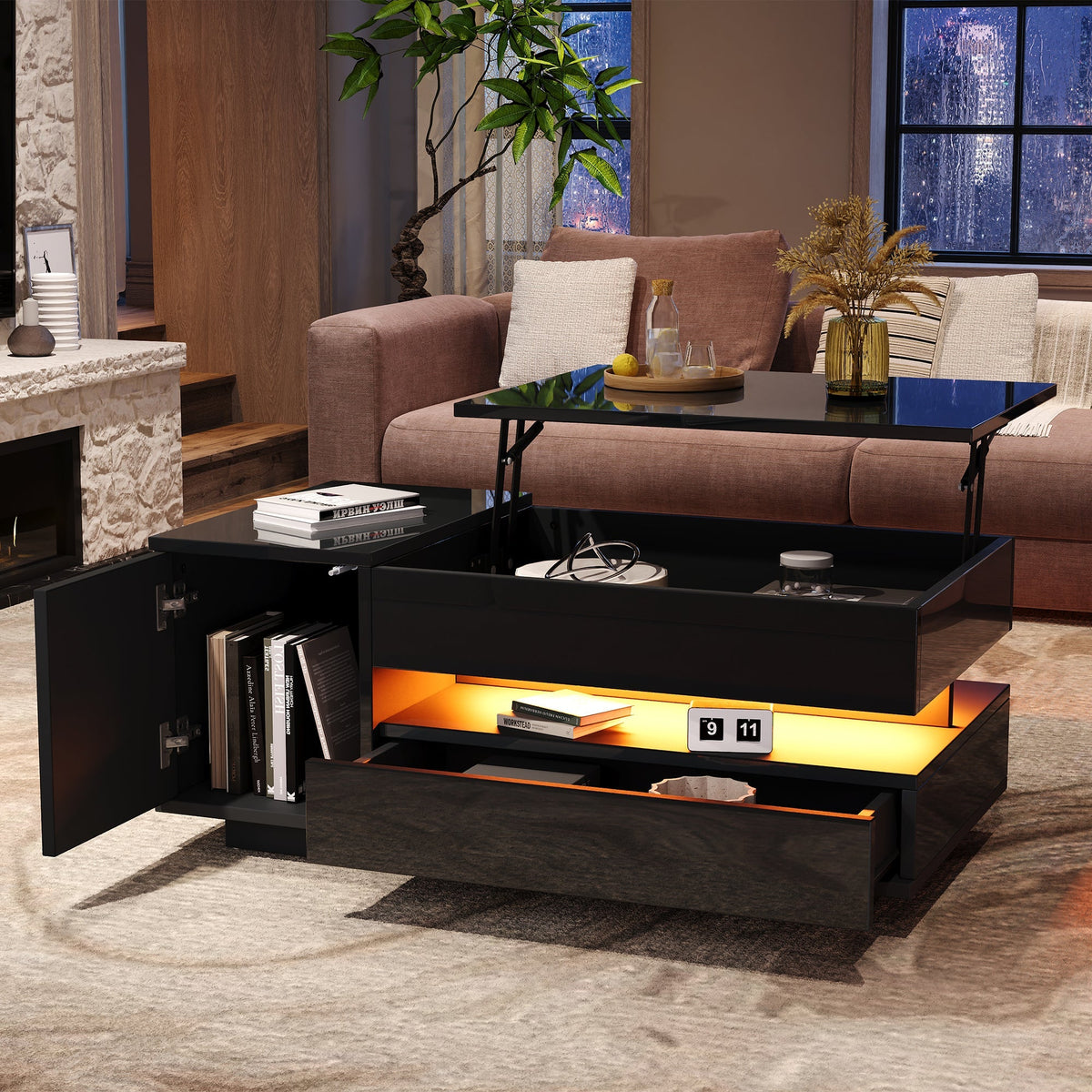 Coffee Table Liftable 95x50x34.5cm, LED, High-Gloss Black