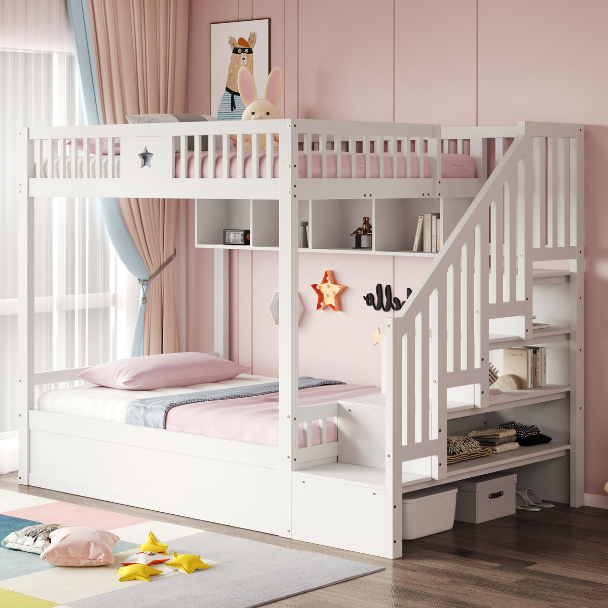 Wooden Bunk Bed 140x200cm with Hydraulic Storage & Stairs, White