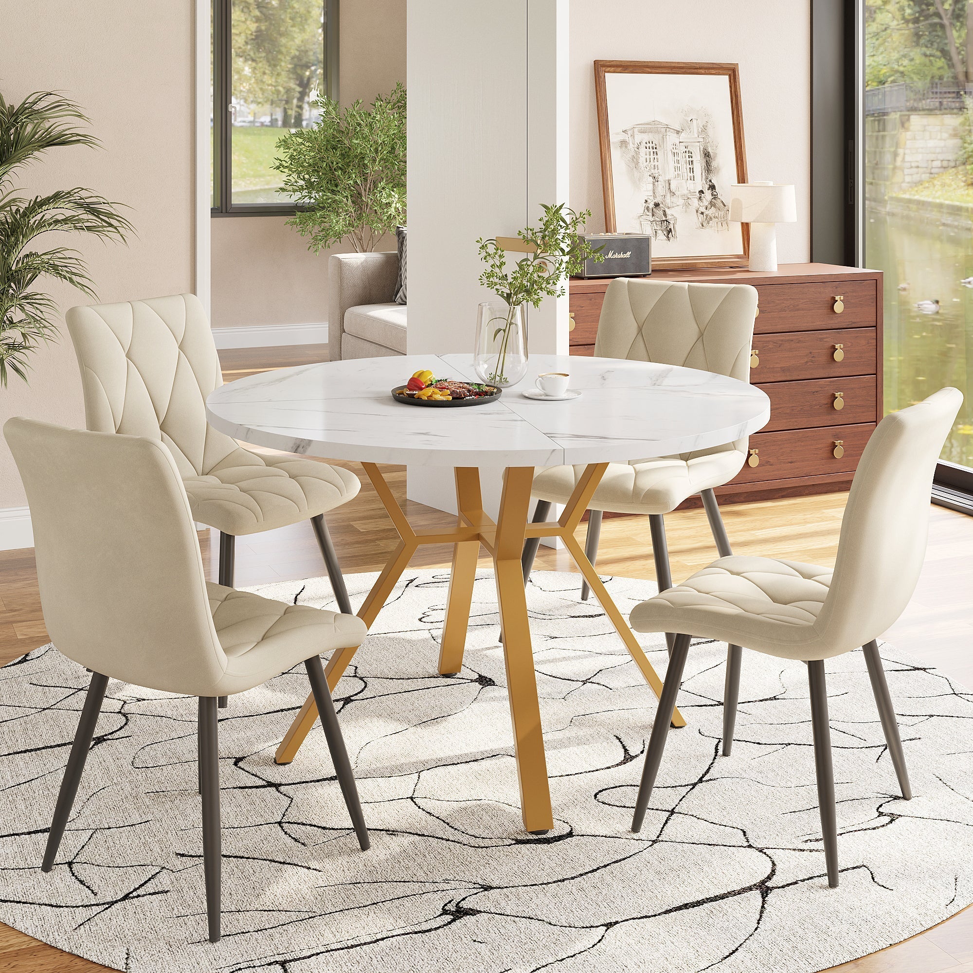 5-Piece Dining Set Round Marble Top Gold Legs 4 Velvet Chairs - Beige