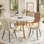 5-Piece Dining Set Round Marble Top Gold Legs 4 Velvet Chairs - Beige
