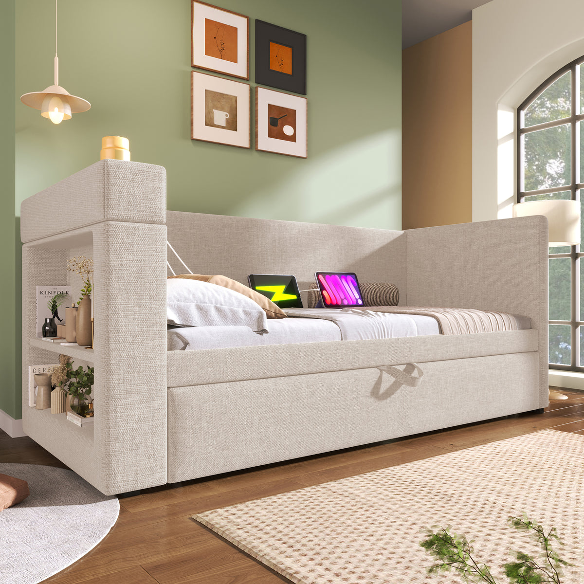 Loft Bed 140x200 with Ladder & Storage, Black Metal