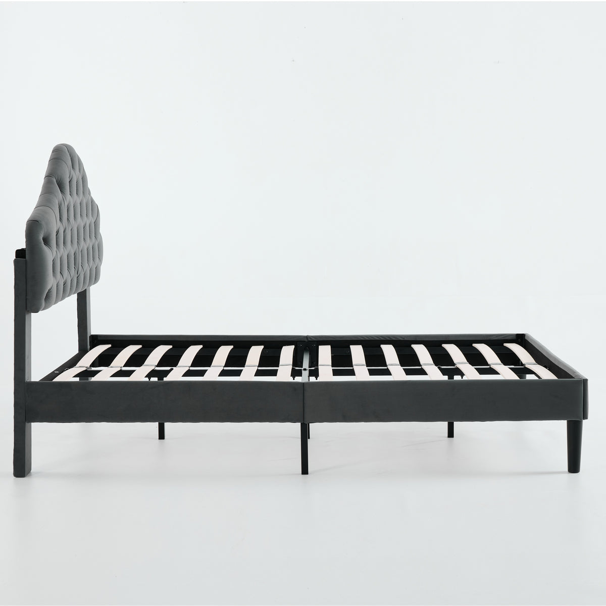 Full Upholstered Platform Bed Frame, 140x200cm, Velvet Gray