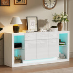 High-Gloss Sideboard 160cm with LED Light and 3 Drawers - White