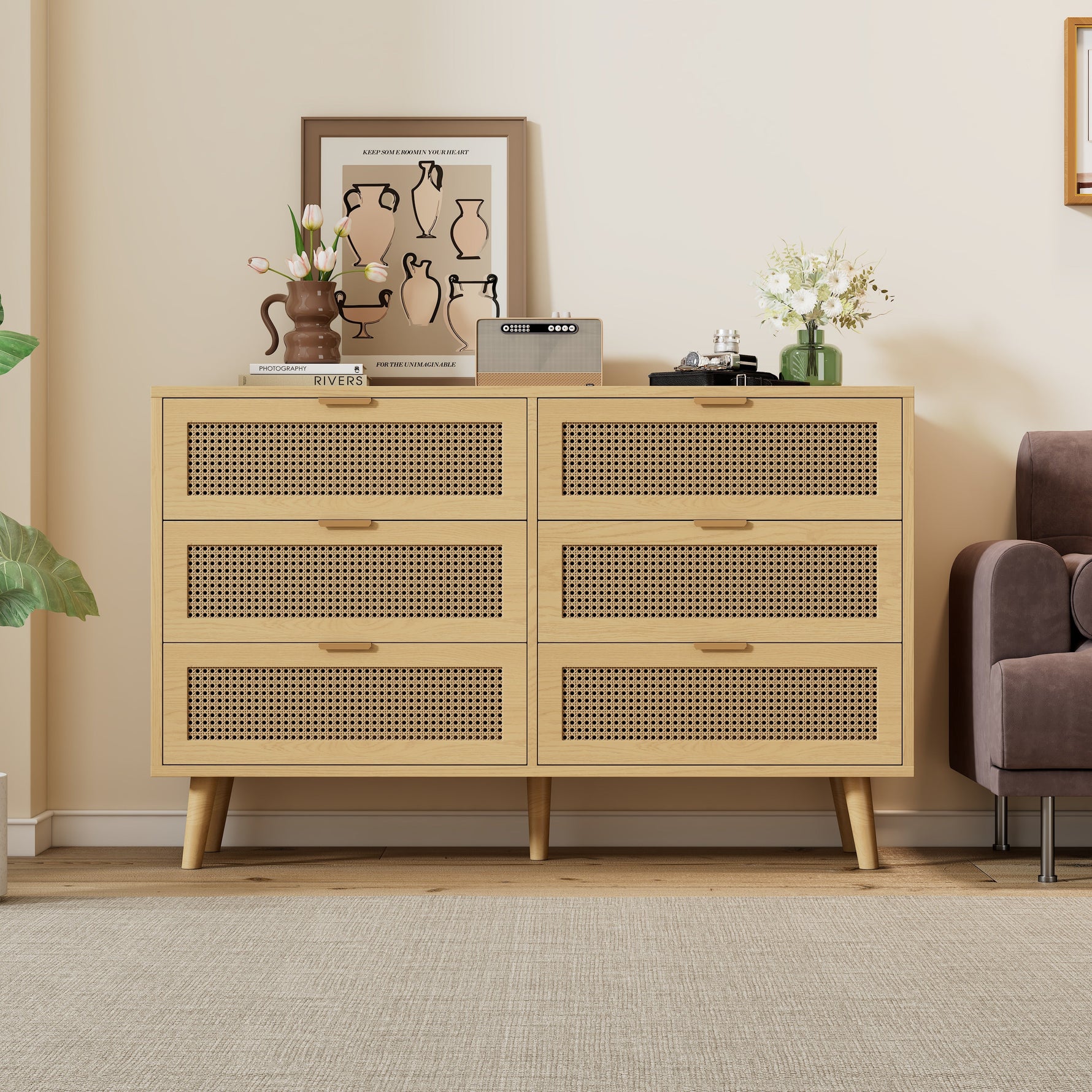 Chest of drawers with 6 drawers, metal handles, wood