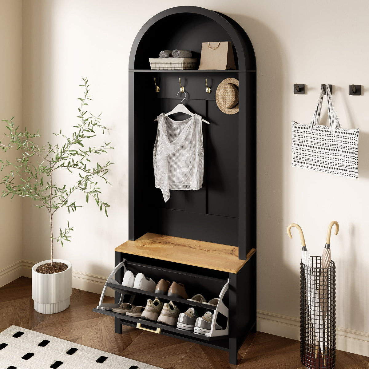 Multifunctional Wardrobe with Shoe Rack, Shelf & Hooks - Hall Tree, Durable MDF Body