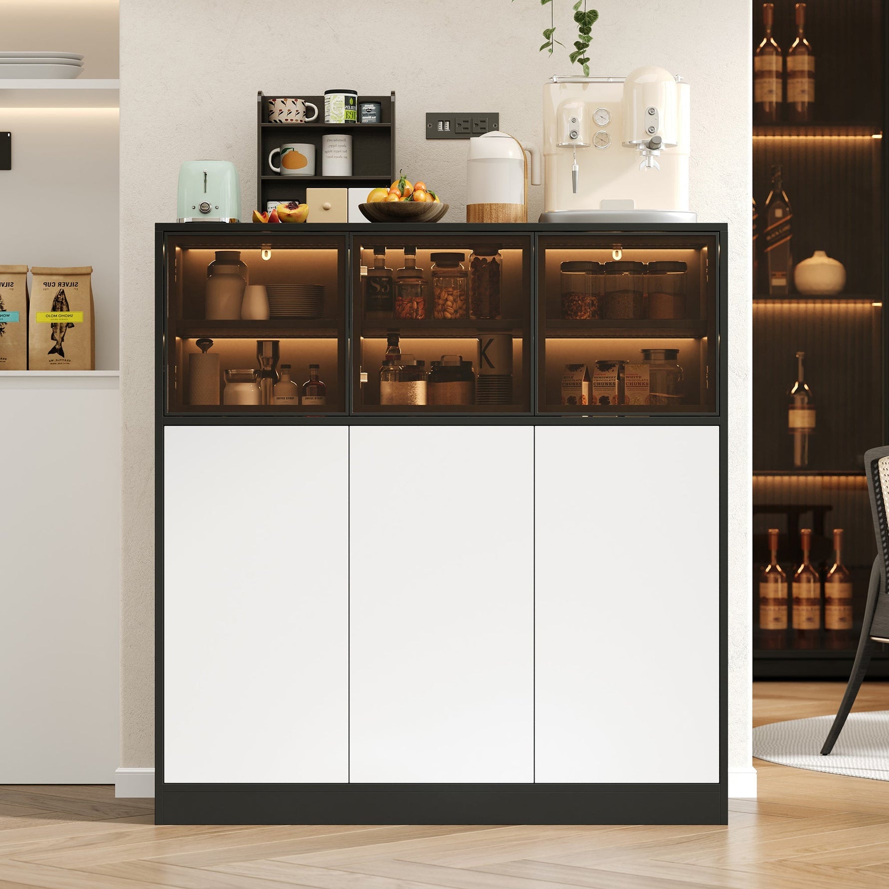 Sideboard Cabinet 100x40x105cm Lighting 3 Glass Doors - White