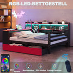 Wooden Sofa Bed with Desk, Bookshelf, Storage and LED, 140x200cm, Black and Red Wood