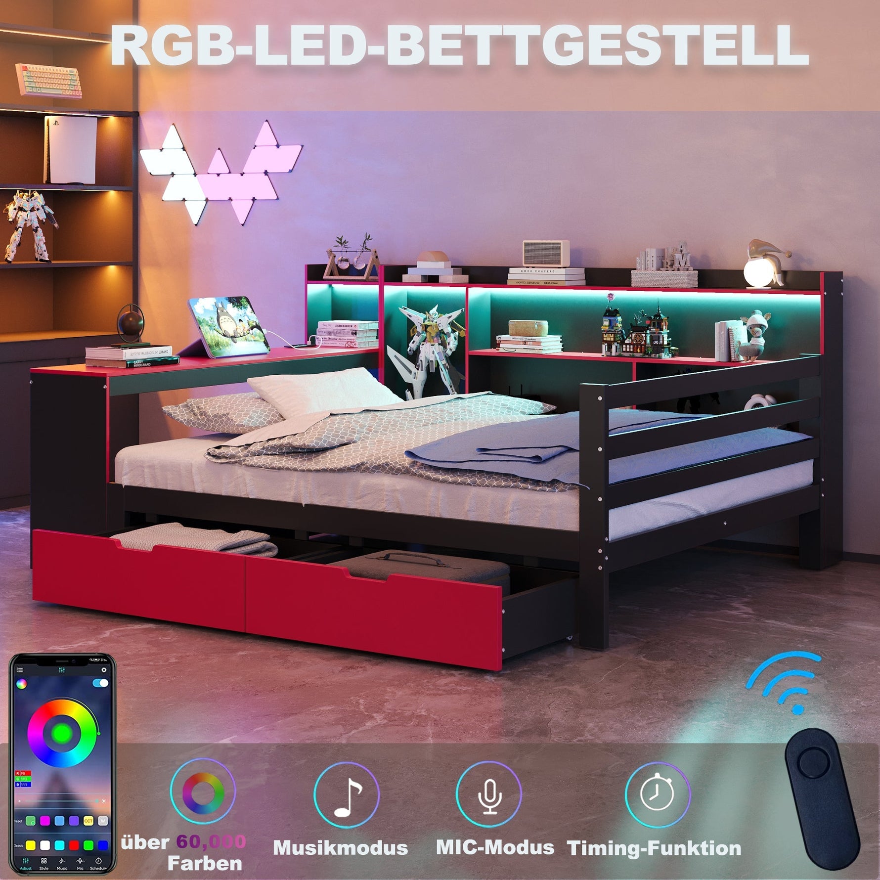 Wooden Sofa Bed with Desk, Bookshelf, Storage and LED, 140x200cm, Black and Red Wood