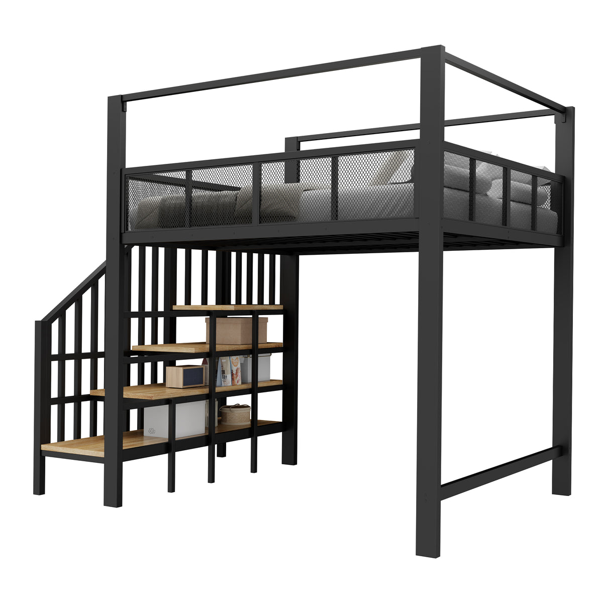 Metal Loft Bed 90x200cm with Canopy, Desk & Storage Steps, Black