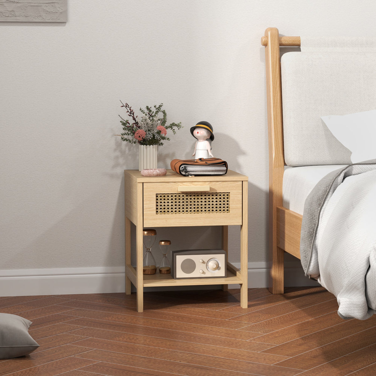 Bedside Table with Drawer, Open Shelf, Rattan Design, Natural