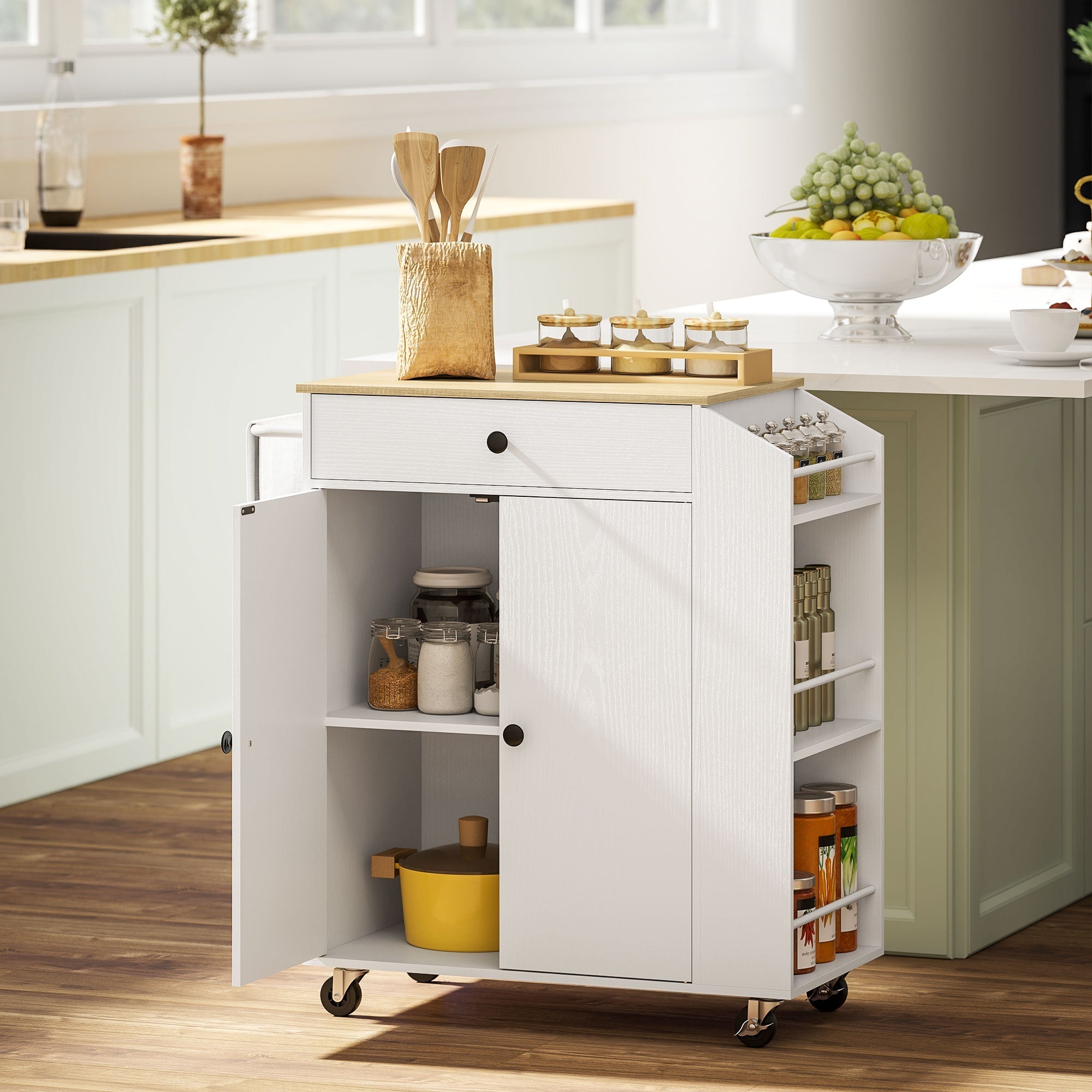 Kitchen Island Kitchen Trolley on Wheels with Worktop, Drawer, Cabinet, Spice Rack, Towel Rail, White