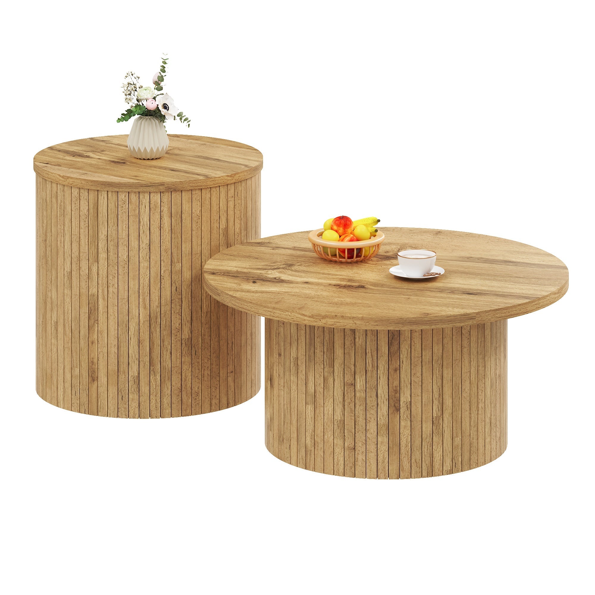 Coffee Table Double Round Slats Multifunctional - Natural Wood