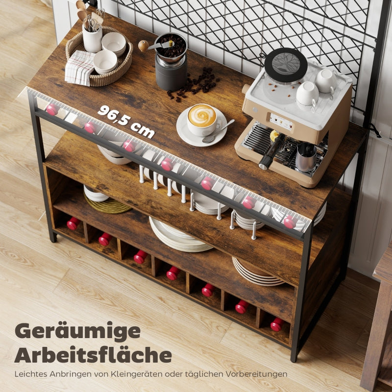 Kitchen Shelf with Worktop, Mesh Panels, 5 Hooks, Brown