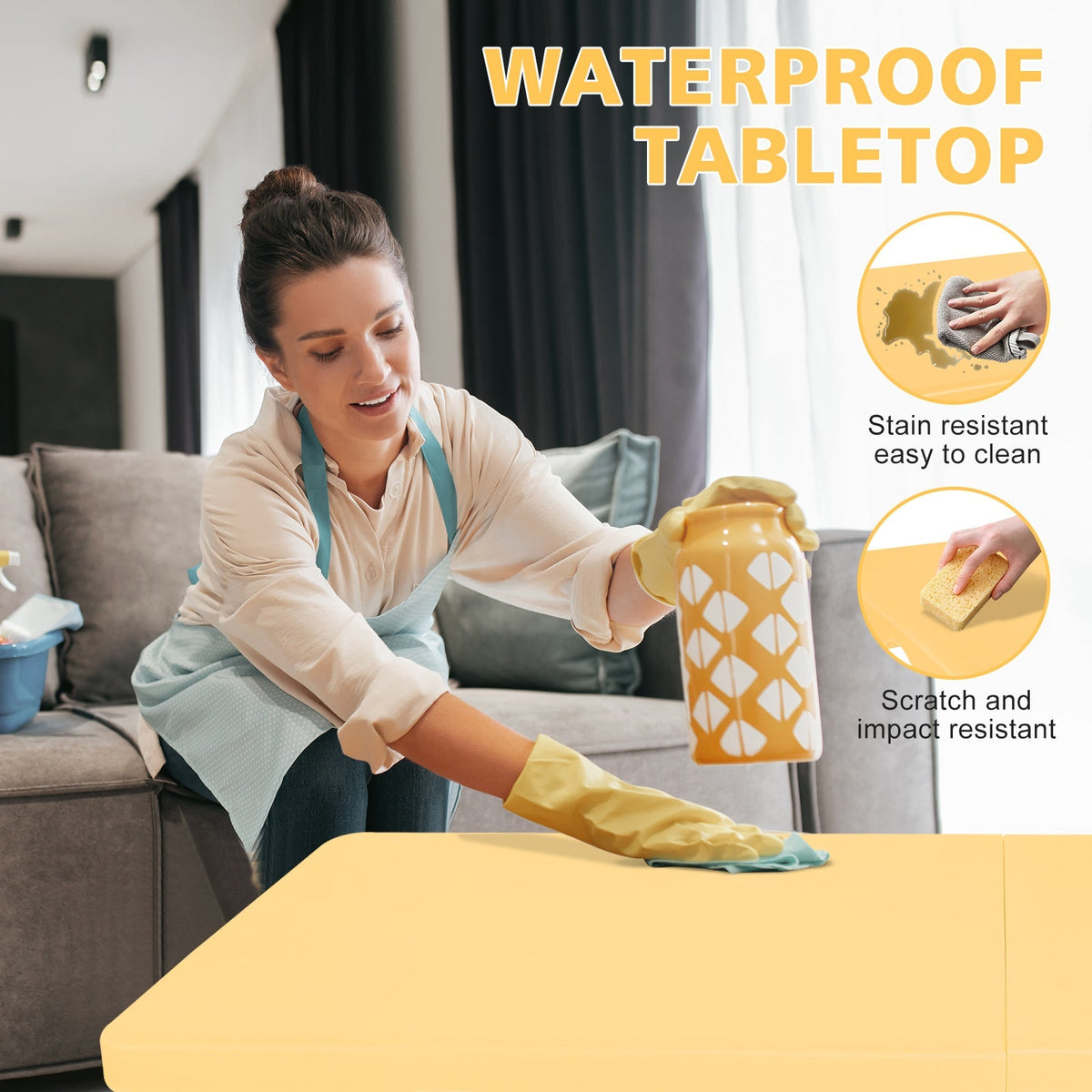 Portable Heavy Duty Folding Table, Adjustable Height, Multi-Functional, Light Yellow