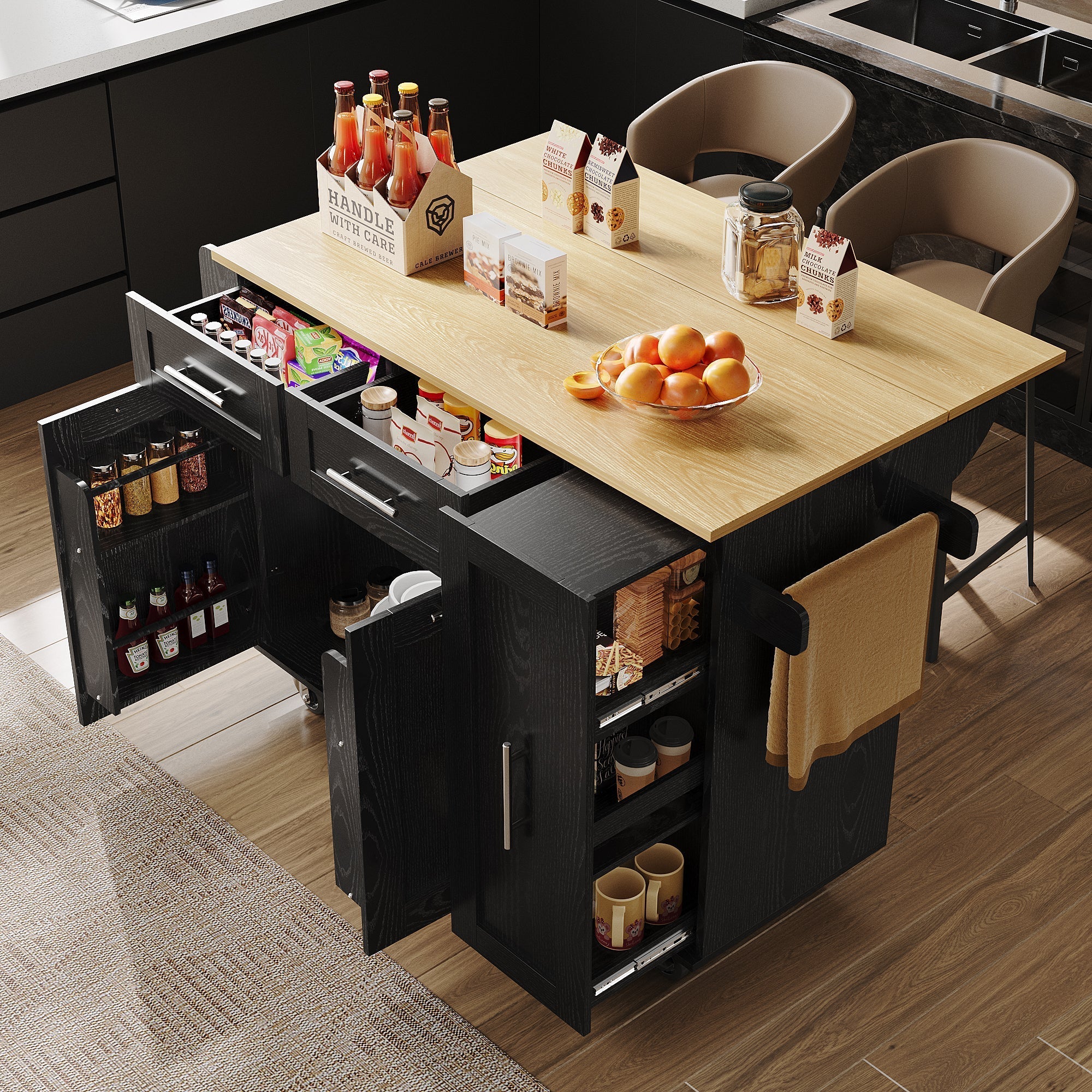 Mobile Kitchen Island Dining Table Extendable Storage - Wood Grain Black