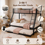 Metal Bunk Bed with Pull-Out Bed, 3 Sleeping Places, Black